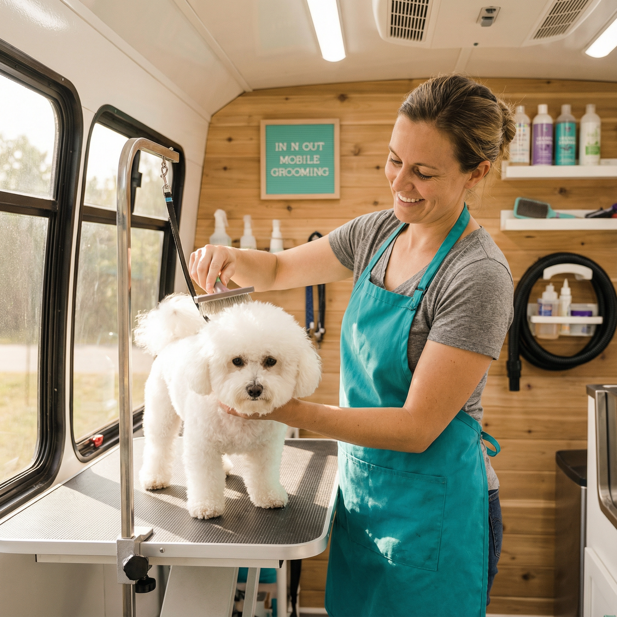 Groomer working with a dog inside the mobile van