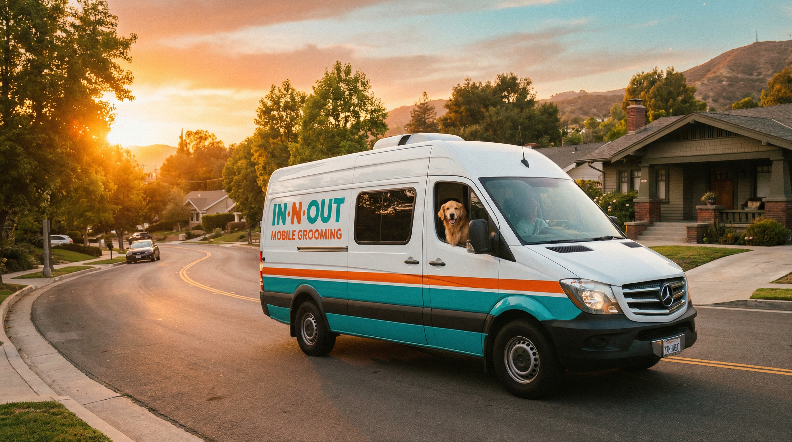 Mobile grooming van on a scenic road